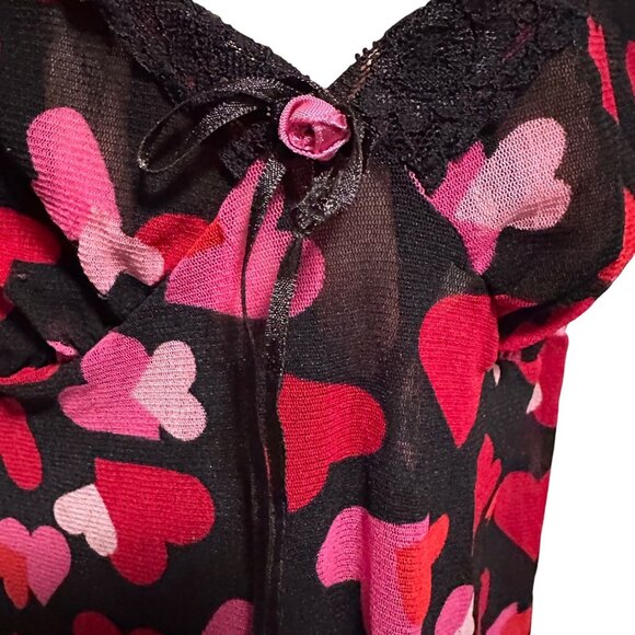 Cacique Intimates Womens Plus Size 14/16 Black Mesh Chemise Slip Pink Red Hearts - Picture 10 of 15